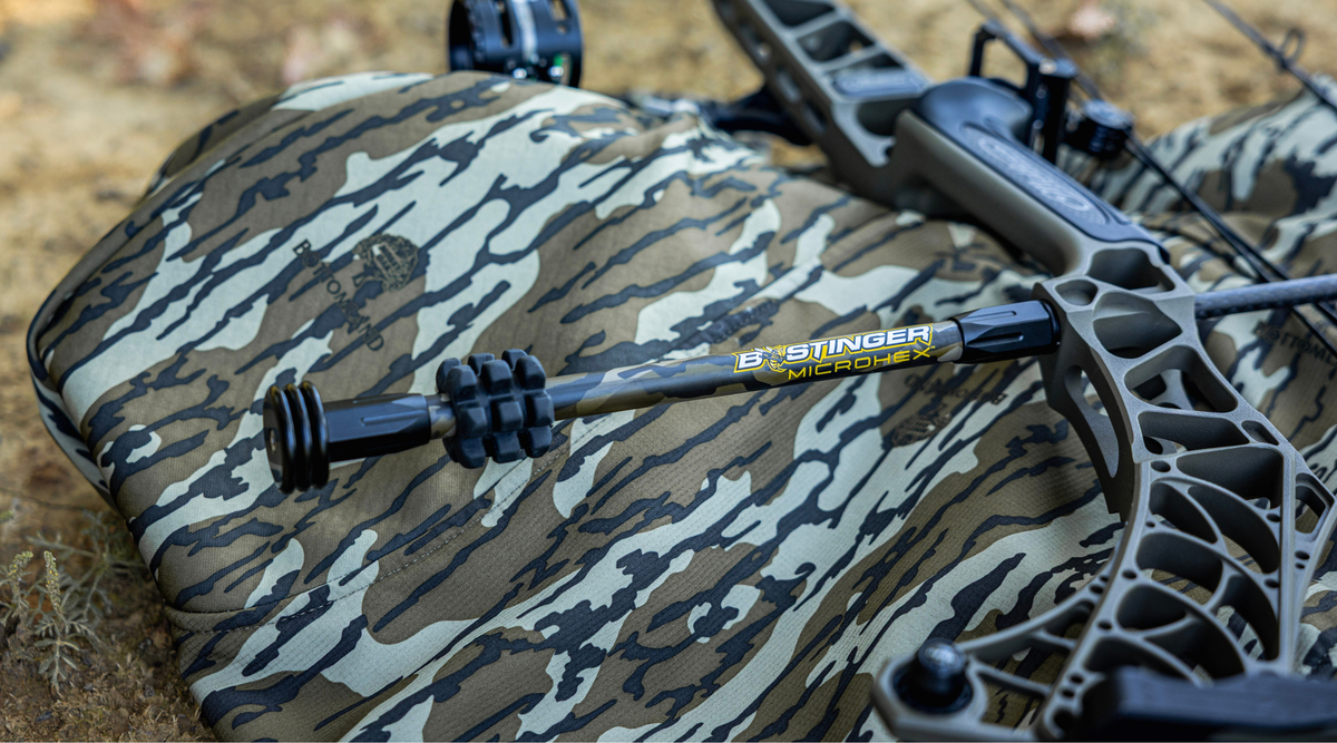 Bee Stinger MicroHex stabilizer for compound bows in Mossy Oak Bottomland